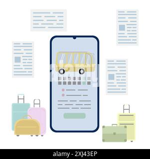 Jaune, bus de passagers sur un écran de smartphone sur fond blanc autour duquel se trouvent des valises et des billets. Illustration vectorielle en fente plate isolée. De Illustration de Vecteur