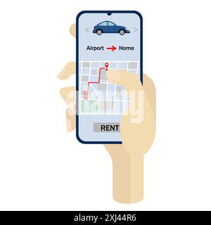 Partage de voiture, location de voiture, smartphone en main, itinéraire sur un plan de ville pour la location de voiture. Sur fond blanc Illustration de Vecteur
