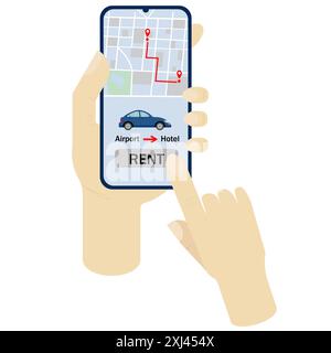 Commande en ligne de voiture de taxi, location et partage en utilisant l'application mobile de service. Itinéraire routier sur un plan de la ville sur un téléphone en main. Illustration vectorielle sur un Illustration de Vecteur