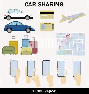 Partage de voiture, location de voiture. Blanc, voiture bleue, avion, carte bancaire, permis de conduire, valises, plan de la ville, téléphone à la main. Illustration vectorielle sur un dos blanc Illustration de Vecteur