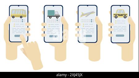 Bus, camion, avion, taxi sur l'écran du téléphone en main sur un fond blanc. Concept pour agence de voyage, voyage, taxi, transport, app, commander, payer Illustration de Vecteur