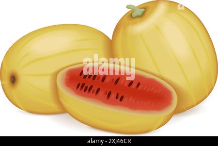Entier et moitié de pastèque Faerie. Citrullus lanatus. Fruits et légumes. Illustration vectorielle isolée. Illustration de Vecteur