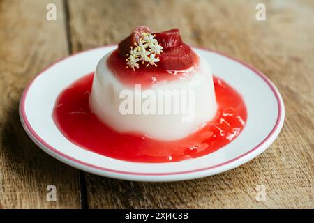 Panna cotta de fleur de sureau végétalienne faite maison avec un coulis de rhubarbe. Banque D'Images
