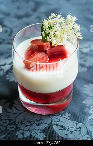 Panna cotta de fleur de sureau végétalienne faite maison avec un coulis de rhubarbe. Banque D'Images