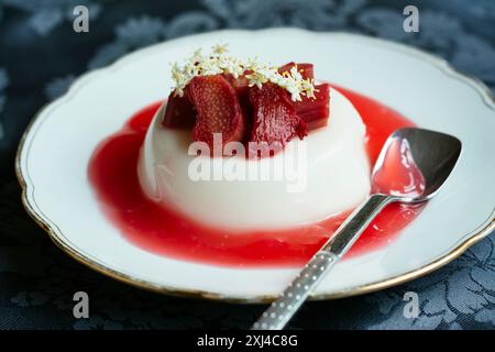 Panna cotta de fleur de sureau végétalienne faite maison avec un coulis de rhubarbe. Banque D'Images