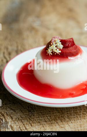 Panna cotta de fleur de sureau végétalienne faite maison avec un coulis de rhubarbe. Banque D'Images