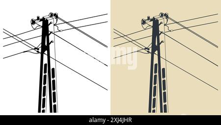 Illustrations vectorielles stylisées de poteau électrique haute tension avec des fils en gros plan Illustration de Vecteur