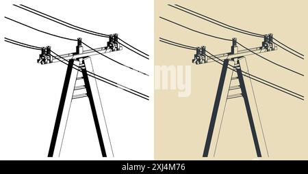 Illustrations vectorielles stylisées de poteau électrique haute tension avec des fils en gros plan Illustration de Vecteur