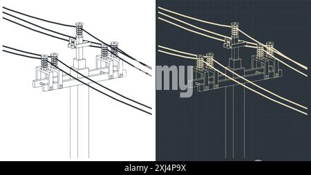 Illustrations vectorielles stylisées de dessins techniques de poteau électrique à haute tension avec des fils en gros plan Illustration de Vecteur