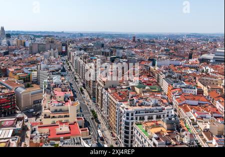 Madrid, Espagne - 07 06 2024 : vue aérienne de la Gran via Banque D'Images