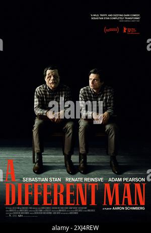 A Different Man (2024) réalisé par Aaron Schimberg avec Sebastian Stan, Renate Reinsve et Adam Pearson. Edward, un homme qui subit une chirurgie reconstructive faciale et devient figé sur un acteur dans une production scénique basée sur son ancienne vie. Affiche US One Sheet ***USAGE ÉDITORIAL SEULEMENT***. Crédit : BFA / A24 Banque D'Images