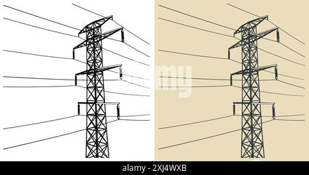 Illustrations vectorielles stylisées de poteau de puissance haute tension Illustration de Vecteur