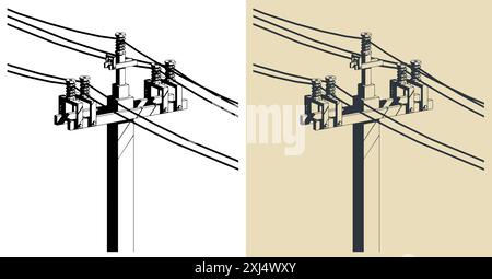 Illustrations vectorielles stylisées de poteau électrique haute tension avec des fils en gros plan Illustration de Vecteur