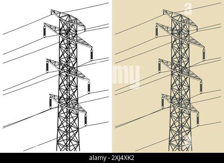 Illustrations vectorielles stylisées de poteau électrique à haute tension avec des fils Illustration de Vecteur