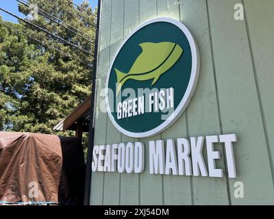 ÉTATS-UNIS. 12 juin 2024. Façade de Green Fish Seafood Market avec logo visible par une journée ensoleillée, Olympic Boulevard, Walnut Creek, Californie, 12 juin, 2024. (photo de Smith Collection/Gado/SIPA USA) crédit : SIPA USA/Alamy Live News Banque D'Images