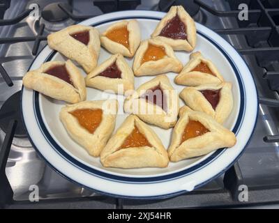 ÉTATS-UNIS. 23 mars 2024. Assortiment de biscuits hamantaschen aux fruits faits maison sur une assiette rayée blanche et bleue, préparés pour la fête juive de Pourim, exposés sur une cuisinière à Reliez Valley, Californie, le 23 mars 2024. (Photo Smith Collection/Gado/Sipa USA) crédit : Sipa USA/Alamy Live News Banque D'Images
