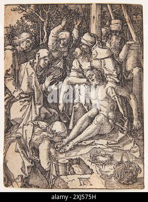 The Lamentation Dürer, Albrecht 1471 - 1528 Woodcut, Print Dürer-Katalog : ein Handbuch über Albrecht Dürers Stiche, Radierungen, Holzschnitte, deren Zustände, Ausgaben und Wasserzeichen, Joseph Meder, NR. 152, 11088, 1932. Gravures, gravures et gravures allemandes de Hollstein 1400-1700 (vol. VII), Albrecht et Hans Dürer, R.W. Scheller, Kat. nr. 152, C 37615, 1962. The Illustrated Bartsch 10, seizième siècle German Artists, Albrecht Dürer : Albrecht Dürer, Walter L. Strauss, 43, gravures sur bois, C 36179, 1980. Albrecht Dürer's kleine passion Nürnberg 1510 : Nürnberg 1510, München 1884, Ubekendt, AFB. Banque D'Images