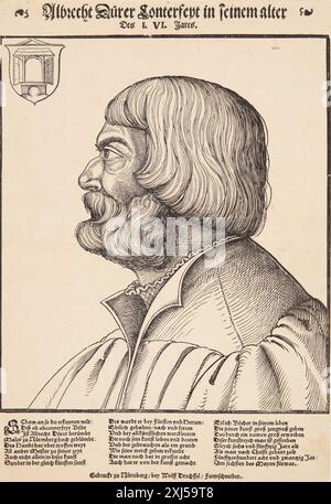 Gravure sur bois d'Albrecht Dürer représentant Erhard Schön, montrant des éléments de portrait, des vêtements détaillés et des techniques de gravure Renaissance. Banque D'Images