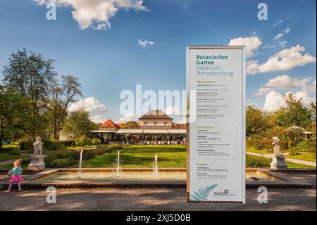 Jardin botanique, à côté du parc du palais de Nymphenburg, 2024 110e anniversaire, montage photo avec panneau d'information de l'entrée, Munich, Bavière Banque D'Images