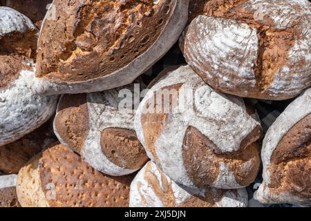 Différents types de pain fraîchement cuit, pains de pain, pain de ferme, pleine grandeur, Bade-Wuerttemberg, Allemagne Banque D'Images