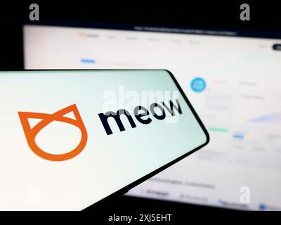 Stuttgart, Allemagne, 02-14-2024 : smartphone avec le logo de la société américaine de fintech Meow technologies devant le site Web de l'entreprise. Concentrez-vous sur centre-gauche Banque D'Images