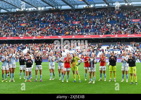 La Corogne, Espagne. 16 juillet 2024. Les joueuses belges après un match de football entre les équipes nationales féminines d'Espagne et de Belgique, ont appelé les flammes rouges lors de la sixième journée du Groupe A2 dans la phase de championnat des qualifications européennes féminines de l'UEFA 2023-24, le mardi 16 juillet 2024 à la Corogne, Espagne . Crédit : Sportpix/Alamy Live News Banque D'Images