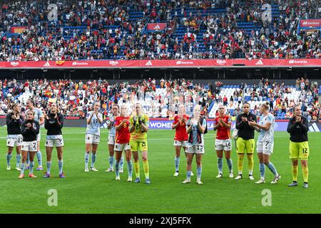 La Corogne, Espagne. 16 juillet 2024. Les joueuses belges après un match de football entre les équipes nationales féminines d'Espagne et de Belgique, ont appelé les flammes rouges lors de la sixième journée du Groupe A2 dans la phase de championnat des qualifications européennes féminines de l'UEFA 2023-24, le mardi 16 juillet 2024 à la Corogne, Espagne . Crédit : Sportpix/Alamy Live News Banque D'Images