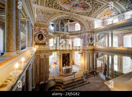 Choeur avec orgue de deux étages, église baroque, église baroque du château de St Trinitatis au château de Christiansburg, vue intérieure, Eisenberg Banque D'Images