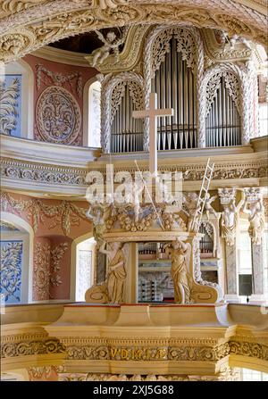 Choeur avec orgue de deux étages, église baroque, église baroque du château de St Trinitatis au château de Christiansburg, vue intérieure, Eisenberg Banque D'Images