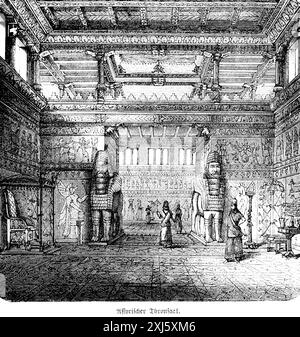 Salle du trône assyrien, splendide intérieur d'un palais royal, statues, sculptures, peintures, Mésopotamie, illustration historique 1880 Banque D'Images