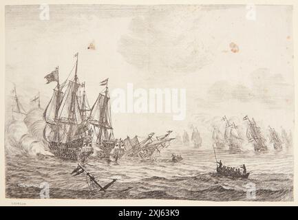 Bataille maritime avec deux navires anglais en naufrage Nooms, Reinier 1621 - 1664, Jonghe, Clément de 1624 - 1677 gravure, gravure hollandaise et flamande Hollstein, gravures et gravures sur bois 1450-1700 (vol. LVI - LVII), Reinier Zeeman, Dieuwke de Hoop Scheffer, 4 II, C 38945, 2000. The Illustrated Bartsch 6, Netherlandish Artists, de Wael, van Uden, de Vadder, Matteus, van Uyttenbroeck m.fl., Otto Neumann, 102, C 36 71, 1980 Søslag Med à synkende engelske skibe Banque D'Images