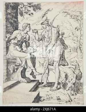 Esau vendant son droit de naissance à Jacob pour un pot de lentilles Coornhert, Dirk Volkertsz 1522 - 1590, Heemskerck, Maarten van 1498 - 1574 gravure, impression The New Hollstein gravures, gravures et gravures sur bois hollandaises et flamandes 1450-1700, Maarten van Heemskerck, partie I-II, Ilja M. Veldman, 23, 55173, 1993-1994 Esau vendant son droit de naissance à Jacob pour un pot de lentilles Banque D'Images