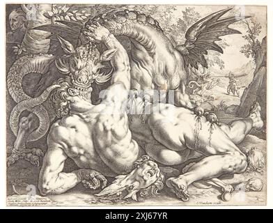 Le Dragon dévorant les compagnons de Cadmus Goltzius, Hendrick 1558 - 1617, Haarlem, Cornelis Cornelisz. Van 1562 - 1638 gravure sur cuivre, estampe Hollstein, gravures et gravures sur bois néerlandaises et flamandes 1450-1700 (vol. VIII), Goltzius - Heemskerck, F.W.H. Hollstein, 310 III, C 38945, 1953. The Illustrated Bartsch 3, Commentary, Netherlandish Artists, Hendrik Goltzius, Walter L. Strauss, 262, S3, C 36169, 1982 le Dragon dévorant les compagnons de Cadmus Banque D'Images