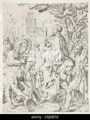 Cette gravure de Coornhert et Heemskerck représente le Christ entrant à Jérusalem. Il fait partie des estampes néerlandaises et flamandes produites entre 1450 et 1700. Banque D'Images