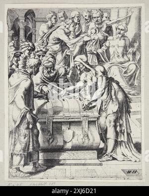 Gravure de Coornhert et Heemskerck montrant la scène biblique de l'acarien de la veuve, avec des figures, des offrandes, le cadre du temple, des gestes, et style hollandais du 16ème siècle. Banque D'Images