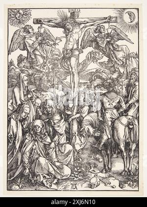 Gravure sur bois d'Albrecht Dürer montrant la Crucifixion du Christ. L’œuvre met en lumière la gravure au trait complexe, l’expression dramatique et les thèmes religieux de la Renaissance allemande entre 1471 et 1528. Banque D'Images