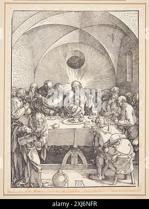 La gravure sur bois d'Albrecht Dürer représente la Cène, montrant Christ et les apôtres à la table. Créée entre 1471 et 1528, l'estampe met en valeur la gravure, la composition et le récit religieux de la Renaissance allemande. Banque D'Images
