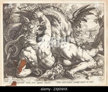 Le Dragon dévorant les compagnons de Cadmus Goltzius, Hendrick 1558 - 1617, Haarlem, Cornelis Cornelisz. Van 1562 - 1638 gravure sur cuivre, impression The New Hollstein gravures, gravures et gravures sur bois néerlandaises et flamandes 1450-1700, Hendrick Goltzius, partie I-IV, Marjolein Leesberg, 329 I, C 48058, 2012 le Dragon dévorant les compagnons de Cadmus Banque D'Images