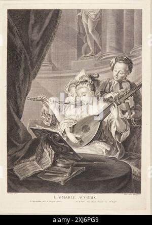 Jeune homme et deux femmes jouant de la musique (L'aimable Accord) Tardieu, Elisabeth Catherine Claire 1731 - 1773, Troy, Jean François de 1679 - 1752, Basan, François 1723 - 1797, Fouquet, Pieter 1729 - 1800 gravure sur cuivre, impression Manuel de l'amateur d'estampes, Charles le Blanc, bd. IV, p. 54, NR. 2 (Tournay), C 35580, 1854-[1890] Ung mand og to kvinder, der spiller musik (L'aimable Accord) Banque D'Images