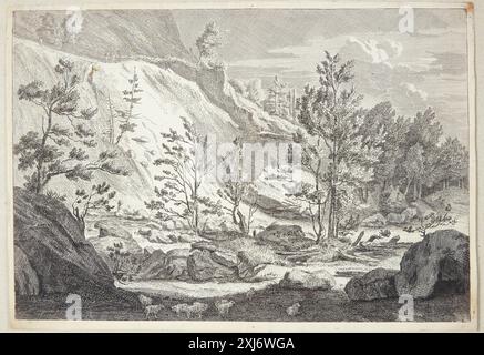 Gravure de Johannes Glauber représentant un paysage avec un troupeau de moutons, montrant des paysages pastoraux néerlandais et la présence d'animaux au XVIIe siècle Banque D'Images