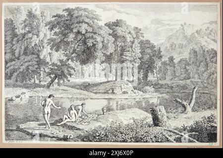 Gravure d'un paysage avec une large rivière et trois femmes se baignant à gauche, créée par Johannes Glauber entre 1646 et 1724, incluse dans la collection de gravures néerlandaises et flamandes. Banque D'Images
