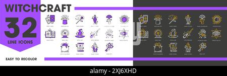 Icônes de sorcellerie et de ligne magique. Symboles vecteurs ésotériques, astrologiques et mystères. Contours cartes de tarot, chaudron de potion de sorcière, balai et chapeau, livre magique Illustration de Vecteur