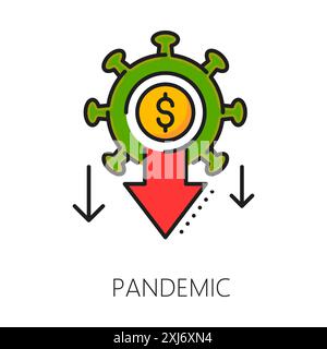 Crise économique pandémique et icône de ligne de couleur de perte d'argent, symbole de baisse et de faillite de roue dentée, dollar et flèches décroissantes. Signe linéaire vectoriel Illustration de Vecteur