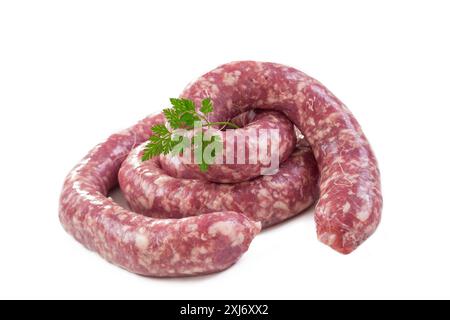 Saucisse brute de Toulouse sur fond blanc Banque D'Images