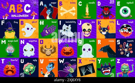 Alphabet de vacances d'Halloween, abc Kids type avec des personnages de monstres de nuit d'horreur de bande dessinée. Lettres vectorielles de l'alphabet anglais avec citrouille effrayante, sorcière, Illustration de Vecteur
