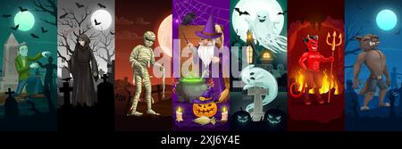 Personnages de vacances d'Halloween. Collage vectoriel avec des monstres effrayants de bande dessinée à la nuit de l'horreur. cartes verticales avec zombie effrayant et momie, faucheuse sinistre, nous Illustration de Vecteur