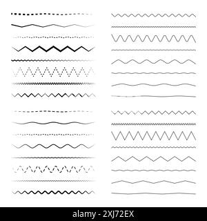 Lignes ondulées noires. Jeu de vecteurs zigzag. Bordures dessinées à la main. Motifs de lignes décoratifs. Illustration de Vecteur