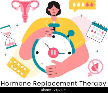 HRT ou hormone remplacement Therapy acronyme illustration vectorielle avec le traitement et les médicaments hormonaux dans un fond de dessin animé plat de soins de santé Illustration de Vecteur