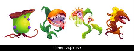 Monstre plants ensemble isolé sur fond blanc. Illustration vectorielle de dessins animés de fleurs effrayantes avec des dents et la langue dans la bouche mordante, de grands yeux effrayants, de feuilles toxiques toxiques toxiques toxiques, de flore extraterrestre, d'icônes d'interface utilisateur de jeu Illustration de Vecteur