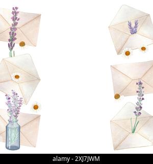 Envelopes close and open, with lavender and chamomile watercolor vertical frame isolated on white. Hand drawn art. Simple flat style illustration for Banque D'Images